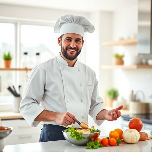 Affiche de la série 'Cuisine et Confidences' représentant un chef cuisinier et un critique gastronomique dans une cuisine lumineuse et moderne.
