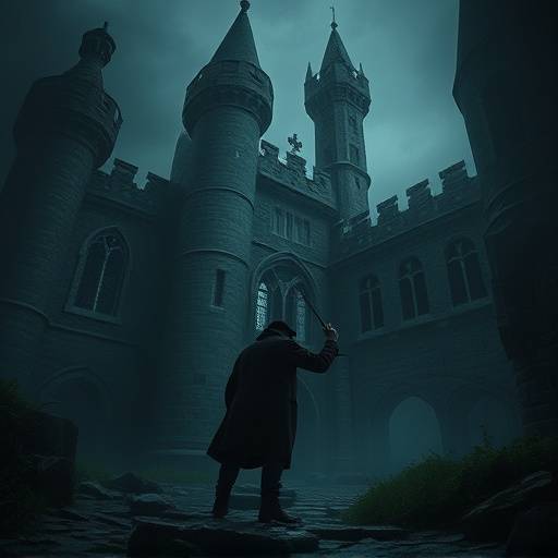 Affiche de la série 'Le Mystère Saint-Germain' montrant un détective enquêtant dans un château ancien et sombre.
