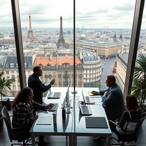 Affiche de la série 'Les Rois de Paris' représentant un groupe d'entrepreneurs ambitieux dans un bureau moderne avec une vue imprenable sur Paris.