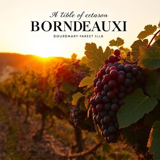 Affiche du documentaire 'Enquête sur le Vin' montrant des vignes à Bordeaux au coucher du soleil, avec des grappes de raisin mûres prêtes à être récoltées.