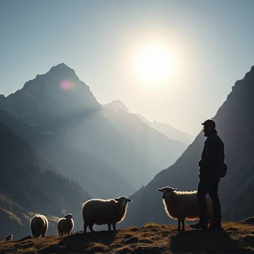 Affiche du documentaire 'Les Gardiens des Alpes' montrant un berger et ses moutons dans un paysage alpin majestueux au lever du soleil.