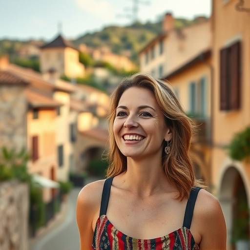 Affiche du film 'Le Sourire de Marianne' montrant Marianne, souriante et pleine de vie, dans un village pittoresque de Provence.
