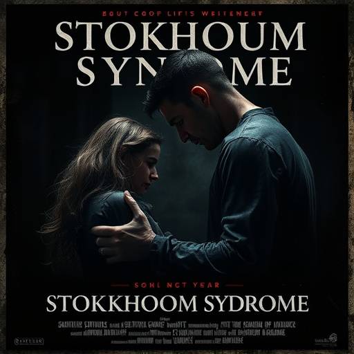 Affiche du film 'Le Syndrome de Stockholm' illustrant une relation ambiguë entre une victime et son ravisseur, avec un fond sombre et oppressant.