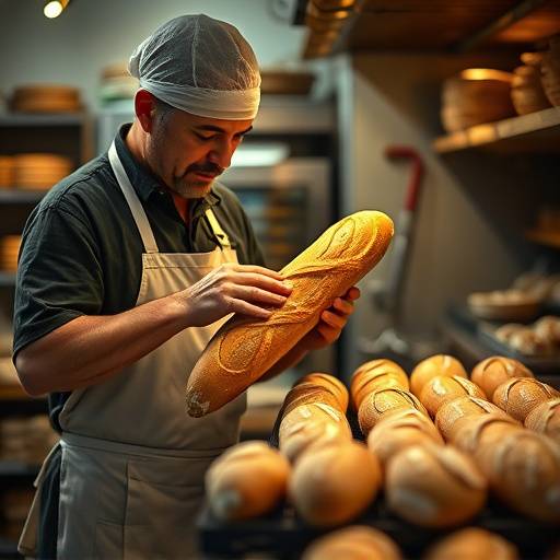 Image du documentaire 'L'Art de la Boulangerie Franäaise' montrant un boulanger préparant une baguette dans une boulangerie traditionnelle à Paris.