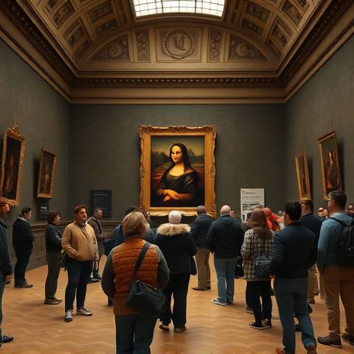Image du documentaire 'Les Secrets du Louvre' montrant l'intérieur du musée du Louvre à Paris, avec des visiteurs admirant la Joconde.